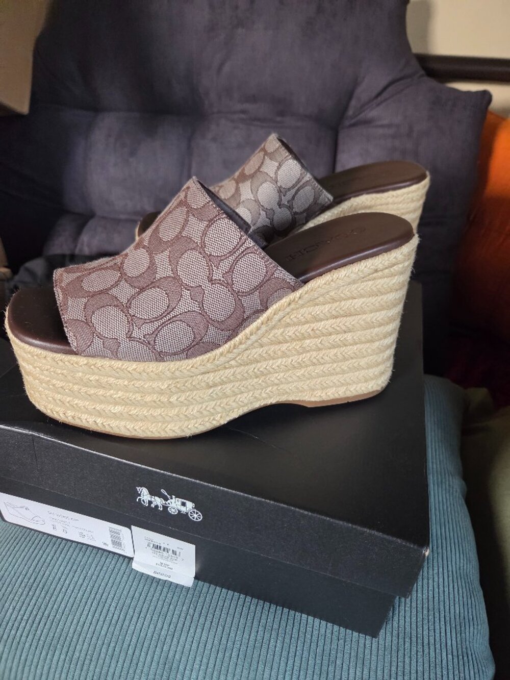 COACH Signature Jacquard Logo Espadrille Platform Wedge Slide Sandals size 8 - Picture 2 of 5